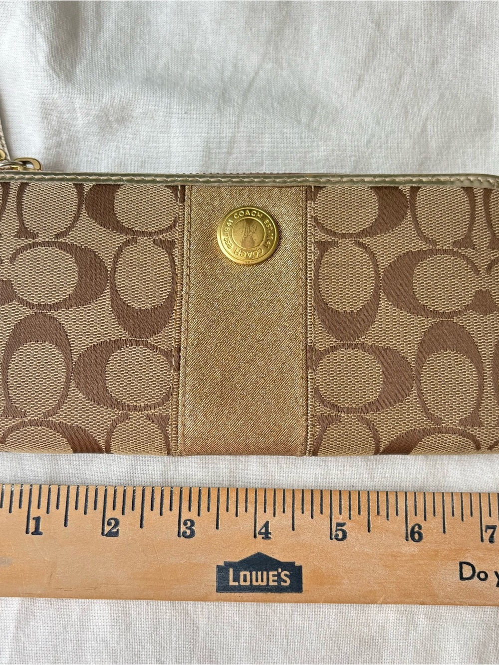 Authentic Coach Signature Canvas Zip Around Long Wallet Brown Gold Medallion Y2K